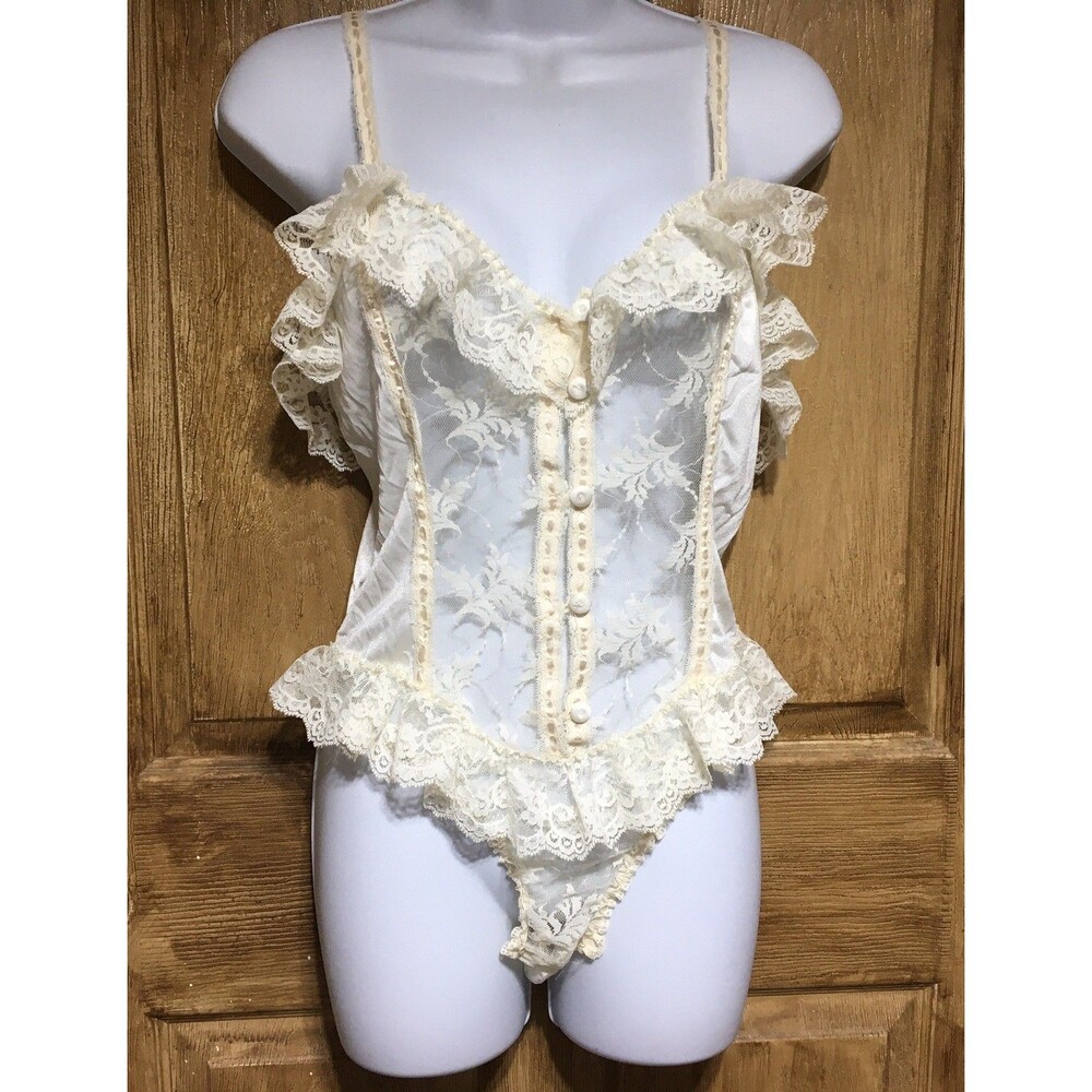 VTG 90s Lace Lingerie Bodysuit Teddy Ruffle Off White Bridal Babydoll Made USA M